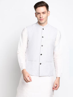 Devoiler - Men Grey Striped Printed Pure Cotton Nehru Jacket