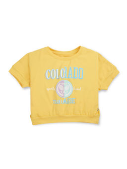 Gini & Jony - Girls Yellow Printed Cotton Full Sleeves Knits Crop Top