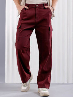 The Indian Garage Co - Burgundy Solid Relaxed Fit Cargo
