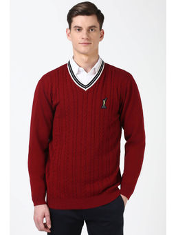 Peter England - Red Self Design Regular Fit Sweater
