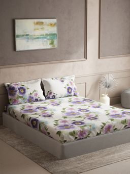 Ddecor Live Beautiful - Cotton Floral King 150 Tc Bedsheet With 2 Pillow Covers - Purple