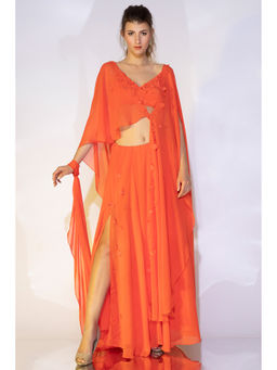 Wendell Rodricks - Orange Asymmetrical Skirt Set With Cape (Set of 3)