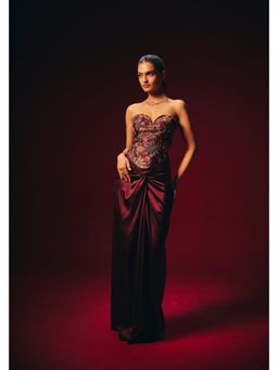 Roze - Amara Wine Embroidered Corset Top with Skirt