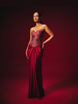 Roze - Zyra Red Embroidered Corset Top with Skirt