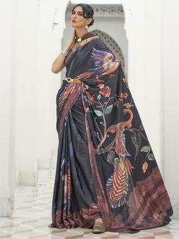 Akhilam - Women Crepe Black Digital Print Celebrity Saree with Unstitched Blouse