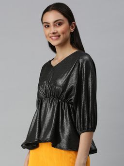 SHOWOFF - Women V-Neck Balloon Sleeve Textured Black Top