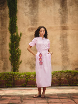 Maenaam - Womens Cotton Solid Pink Dress with Belt