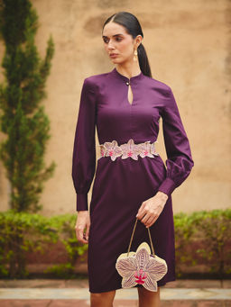 Maenaam - Womens Cotton Embroidered Purple Dress with Belt