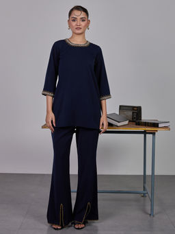 Maenaam - Womens Polyester Embroidered Navy Blue Co-Ord Set