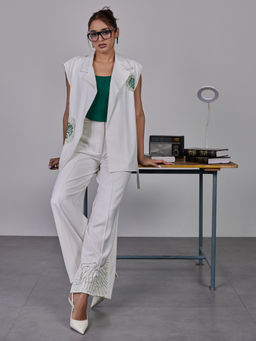 Maenaam - Womens Polyester Embroidered White Blazer with Crop Top and Pant