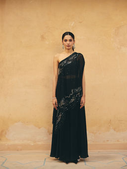 Maenaam - Womens Blended Sequined Black Top with Skirt and Inner