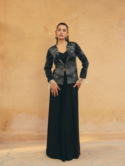 Maenaam - Womens Blended Sequined Black Crop Top with Blazer and Skirt