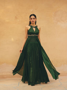 Maenaam - Womens Crepe Sequined Green Gown