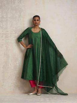 trueBrowns - Dark Green Solid Anarkali Kurta with Pant and Dupatta (Set of 3)