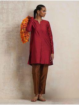 trueBrowns - Red Silk Full Sleeves Kurti and Pant (Set of 2)