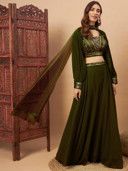 Chhabra 555 - Green Embellished Blouse Palazzo with Detachable Sleeves and Dupatta
