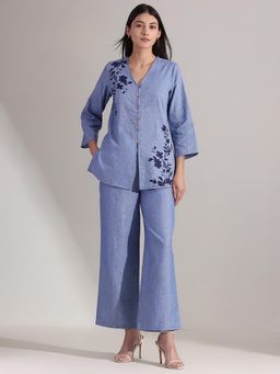 Pink Fort - Linen Floral V-Neck Co-Ord Set