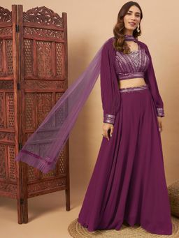 Chhabra 555 - Wine Embellished Blouse Palazzo with Detachable Sleeves and Dupatta