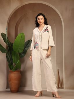 Gipsy - Women Beige Viscose Embroidered Co-Ord Set