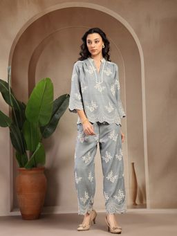 Gipsy - Women Blue Cotton Embroidered Co-Ord Set