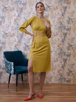 AAREIN - Women Mustard Polyester Solid Crop Top with Skirt