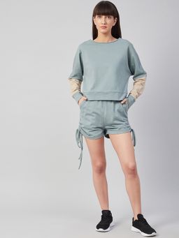 AAREIN - Women Blue Cotton Blend Solid T-Shirt with Shorts