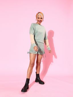 AAREIN - Women Green Cotton Blend Solid T-Shirt with Shorts