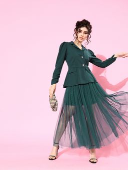AAREIN - Women Green Polyester Solid Blazer with Skirt