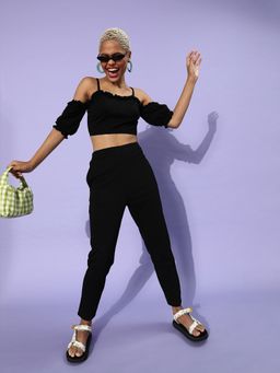 AAREIN - Women Black Polyester Solid Co-Ord Set