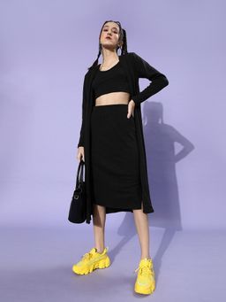 AAREIN - Women Black Polyester Solid Top with Shrug and Skirt