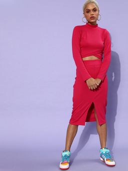 AAREIN - Women Pink Polyester Solid Top with Skirt