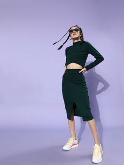 AAREIN - Women Green Polyester Solid Top with Skirt