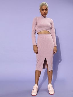 AAREIN - Women Pink Polyester Solid Top with Skirt