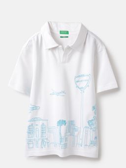 United Colors of Benetton - Boxy Fit Johny Collar Cityscape T-shirt White