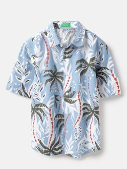 United Colors of Benetton - Regular Fit Spread Collar Seersucker Tropical Shirt Blue