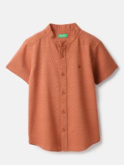 United Colors of Benetton - Regular Fit Mandarin Collar Textured Shirt Rust