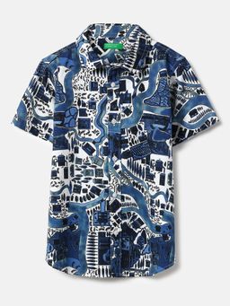 United Colors of Benetton - Regular Fit Spread Collar Town Placement Abstract Shirt Blue