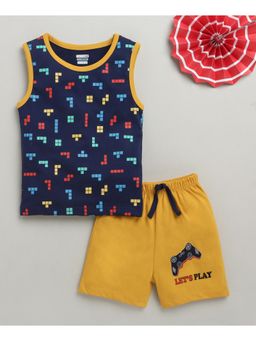 Bumzee - Navy Blue & Yellow Boys Sleeveless T-shirt & Short (Set of 2)
