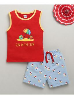 Bumzee - Red & Sky Blue Boys Sleeveless T-shirt & Short (Set of 2)