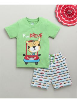 Bumzee - Green & White Boys Half Sleeves T-shirt & Short (Set of 2)