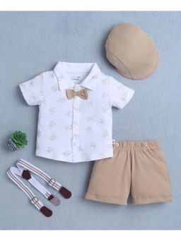Bumzee - White/Beige Boys Shirt & Short With Bow Suspender & Cap (Set of 4)
