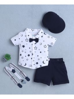 Bumzee - White/Navy Blue Boys Shirt & Short With Bow Suspender & Cap (Set of 4)