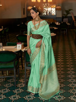 Odette - Festive Green Silk Blend Woven Saree with Unstitched Blouse