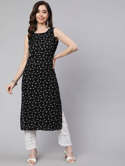 SAK JAIPUR - Women Black Rayon Floral Printed Calf Length Straight Kurta