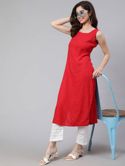 SAK JAIPUR - Women Red Rayon Printed Round Neck Calf Length Straight Kurta