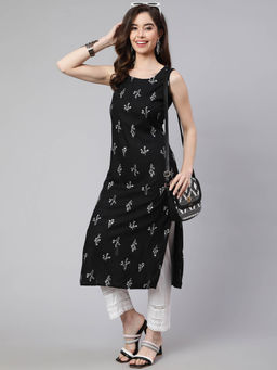 SAK JAIPUR - Women Black Rayon Floral Printed Round Neck Kurta