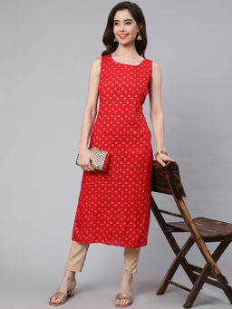 SAK JAIPUR - Women Red Rayon Printed Sleeveless Calf Length Straight Kurta