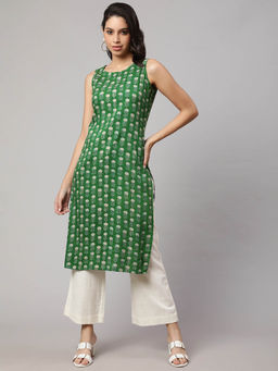 SAK JAIPUR - Women Green Rayon Floral Printed Calf Length Straight Kurta