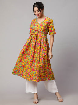 SAK JAIPUR - Women Mustard Cotton Printed V-Neck Calf Length Flared Kurta
