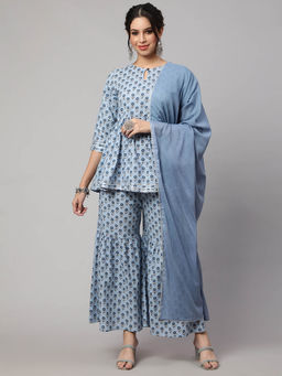 SAK JAIPUR - Women Blue Cotton Printed Kurti with Sharara and Dupatta (Set of 3)